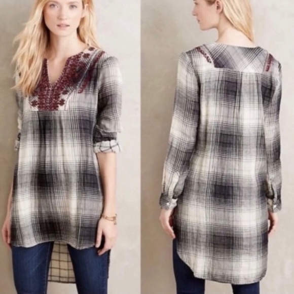 Anthropologie Floreat Womens Plaid Beaded Embroidered Boho Tunic Top Sz Medium - Picture 3 of 13